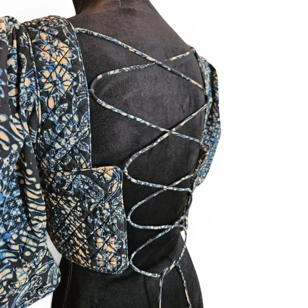 Ulla Johnson Crop Blue Floral Square Neck Lace-Up Back Puff Sleeve Blouse Sz 0